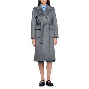 Sandro Wool Gray Double Faced Check Belted Trench Coat US4/FR36
